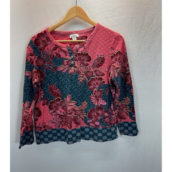 Sundance Tops - Sundance Size XL Pink Floral Thermal Waffle Knit Top Contrast Cuff Boho Gypsy